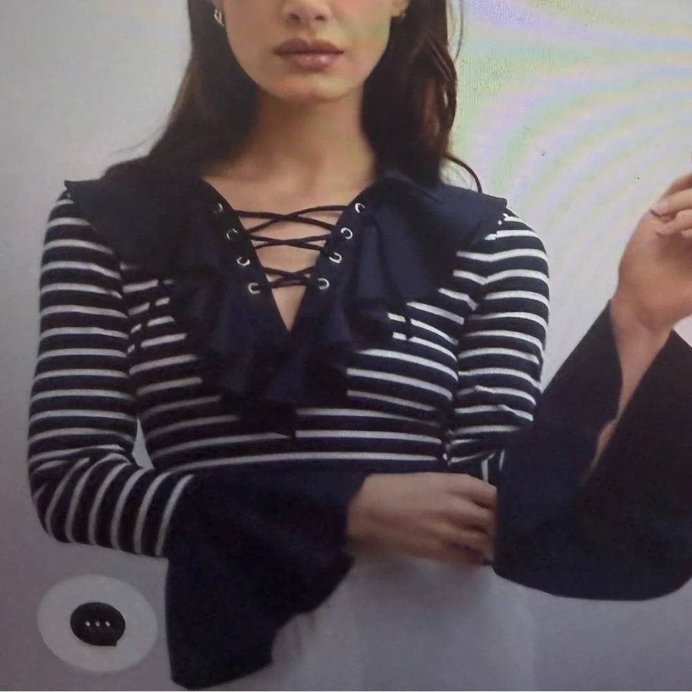 Anne Fontaine Navy and White Striped Lace-Up coquillage Top, size Medium‎